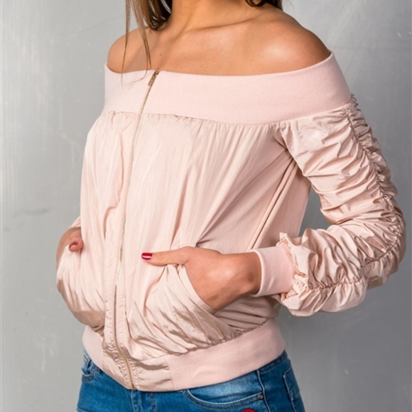 BLUSH PINK OFF SHOULDER JACKET - Picture 3 of 4